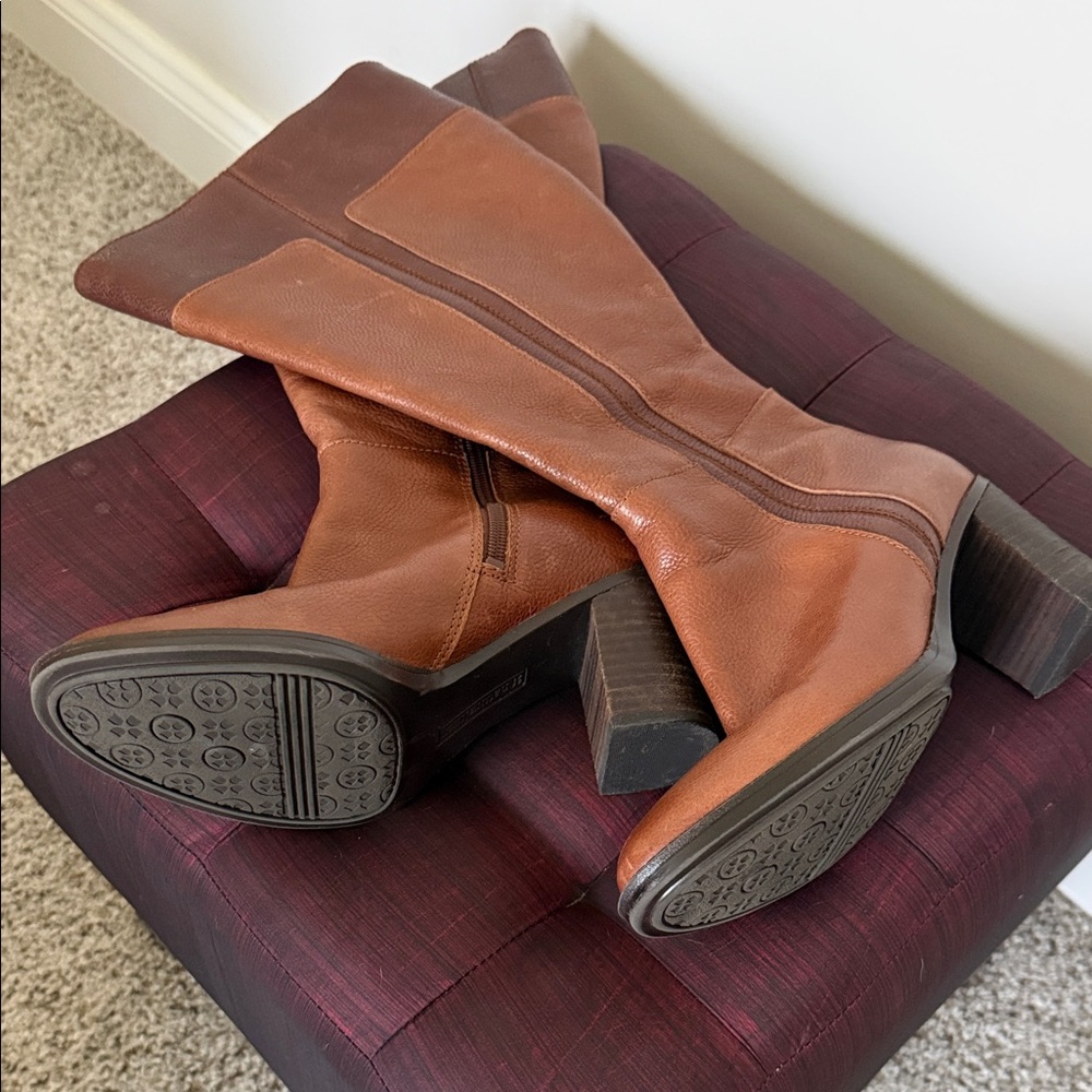 Naturalizer Two-Tone Brown Leather Mid-Calf Heeled Boots